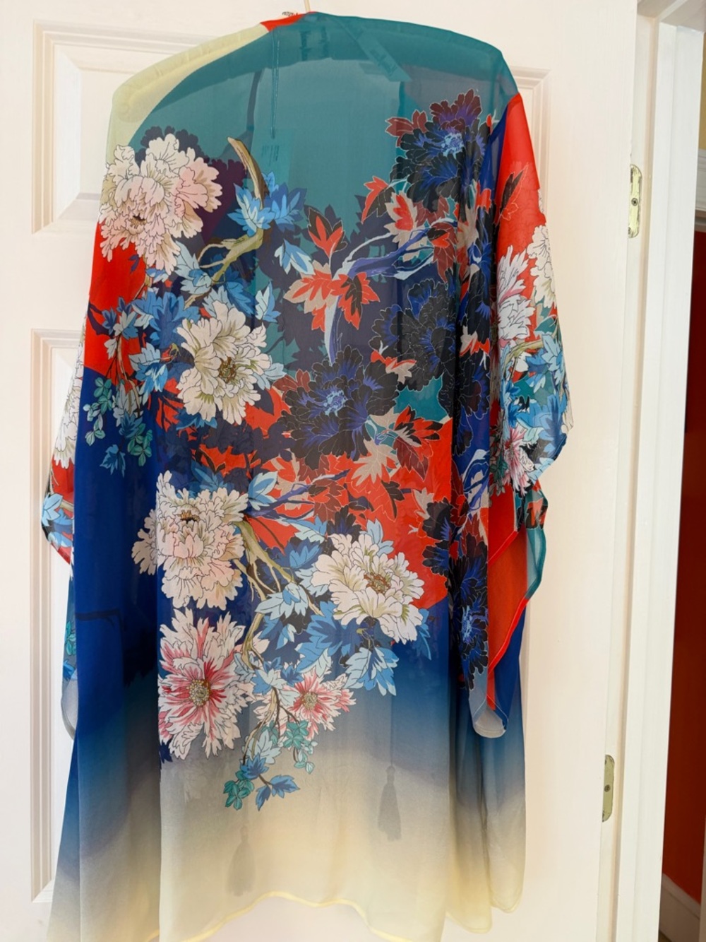 NWT Johnny Was Teal Blue Red Floral Sheer Swim Coverup- 100% silk- size XL